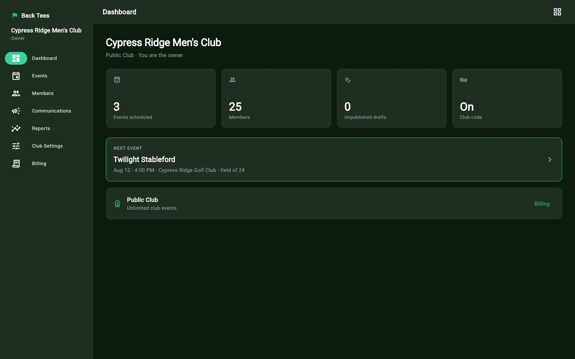 Club dashboard showing events scheduled, member count, unpublished drafts and the next event.