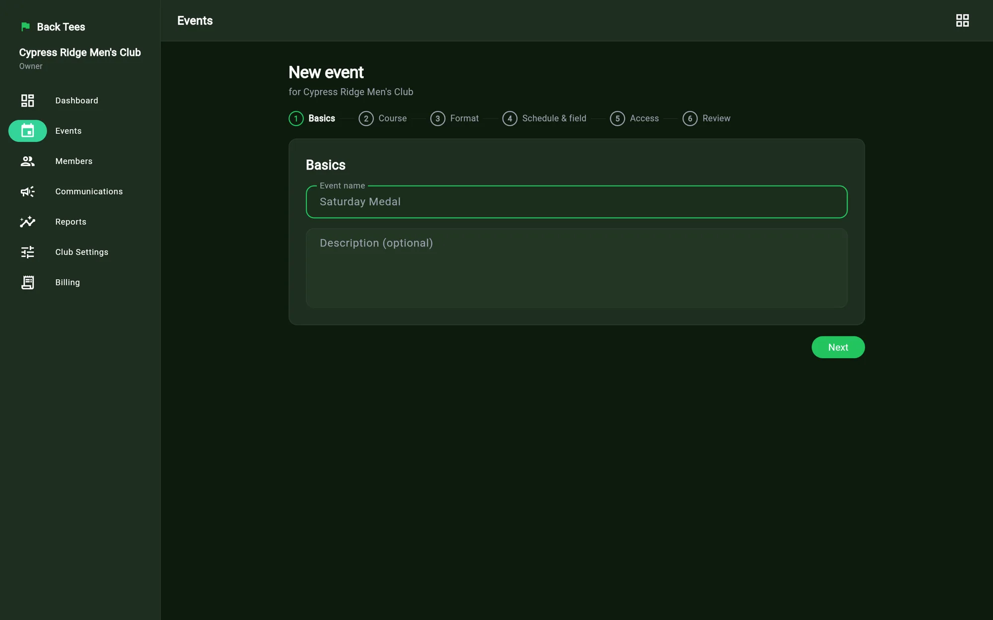 Event creation wizard with format, course, rounds and field settings.
