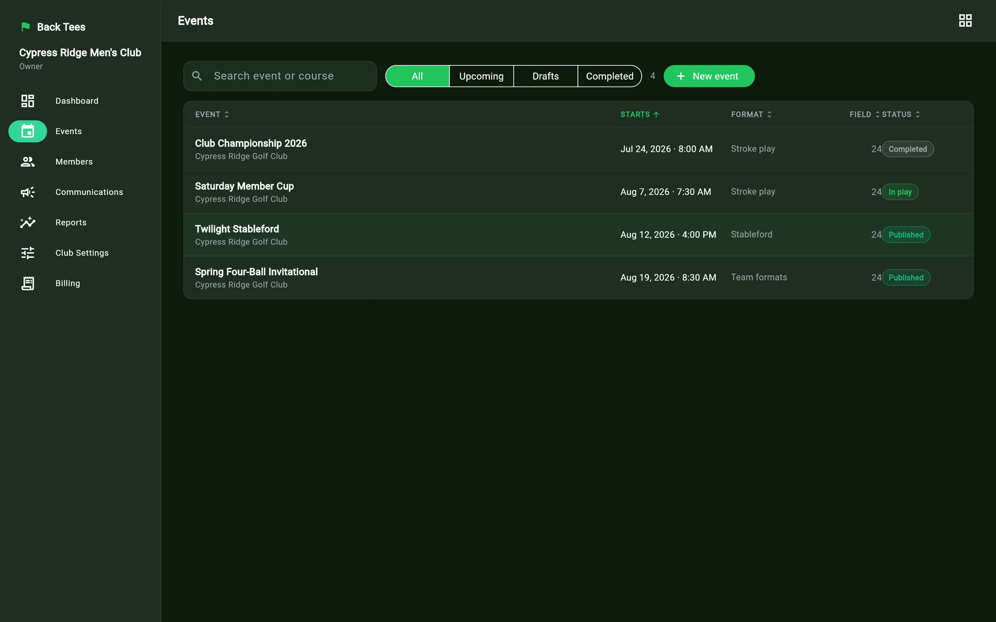 Club events console listing scheduled, live and completed competitions with field sizes and status.