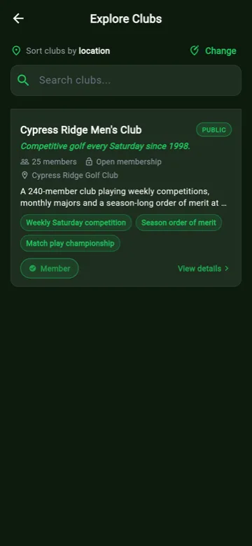 Club discovery screen listing nearby clubs.