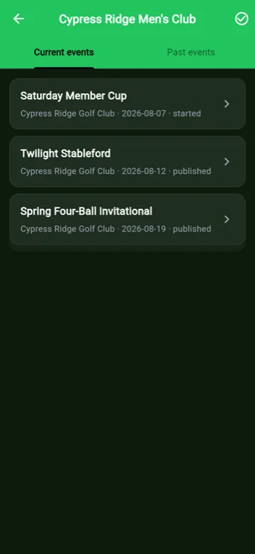 Club home screen showing the club's upcoming events.