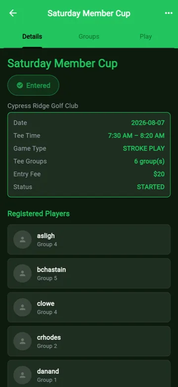 Event detail screen for the Spring Four-Ball Invitational showing date, course and field.