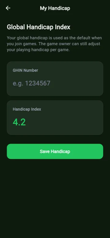 Handicap screen showing the global handicap index.
