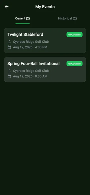 Upcoming events list showing club competitions with dates and courses.