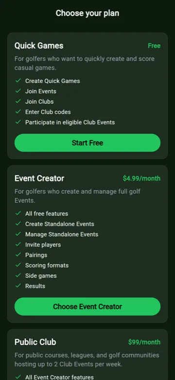 Plan selection screen in the Back Tees Live app showing Quick Games, Event Creator and Public Club tiers.