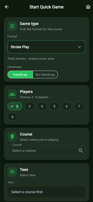 Quick Game setup screen with course selection, handicap and game format options.