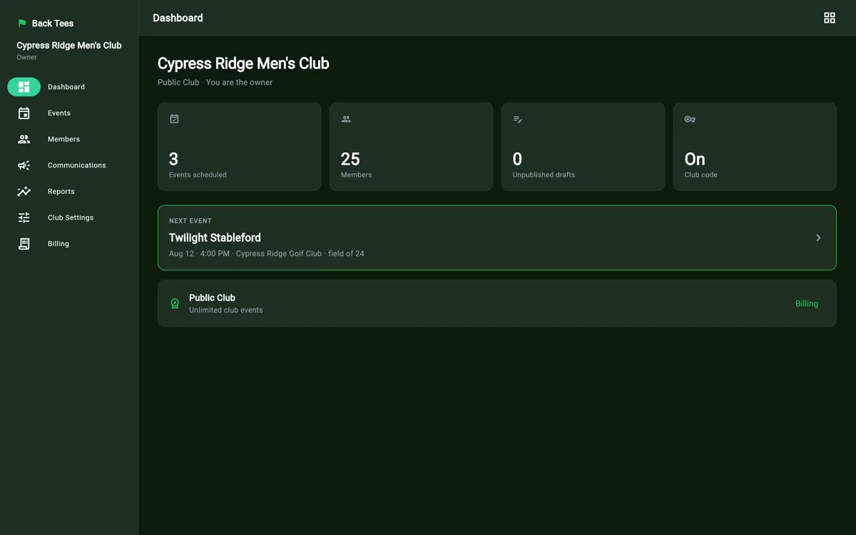 Back Tees Live club dashboard showing scheduled events, member count and the next event on the calendar.