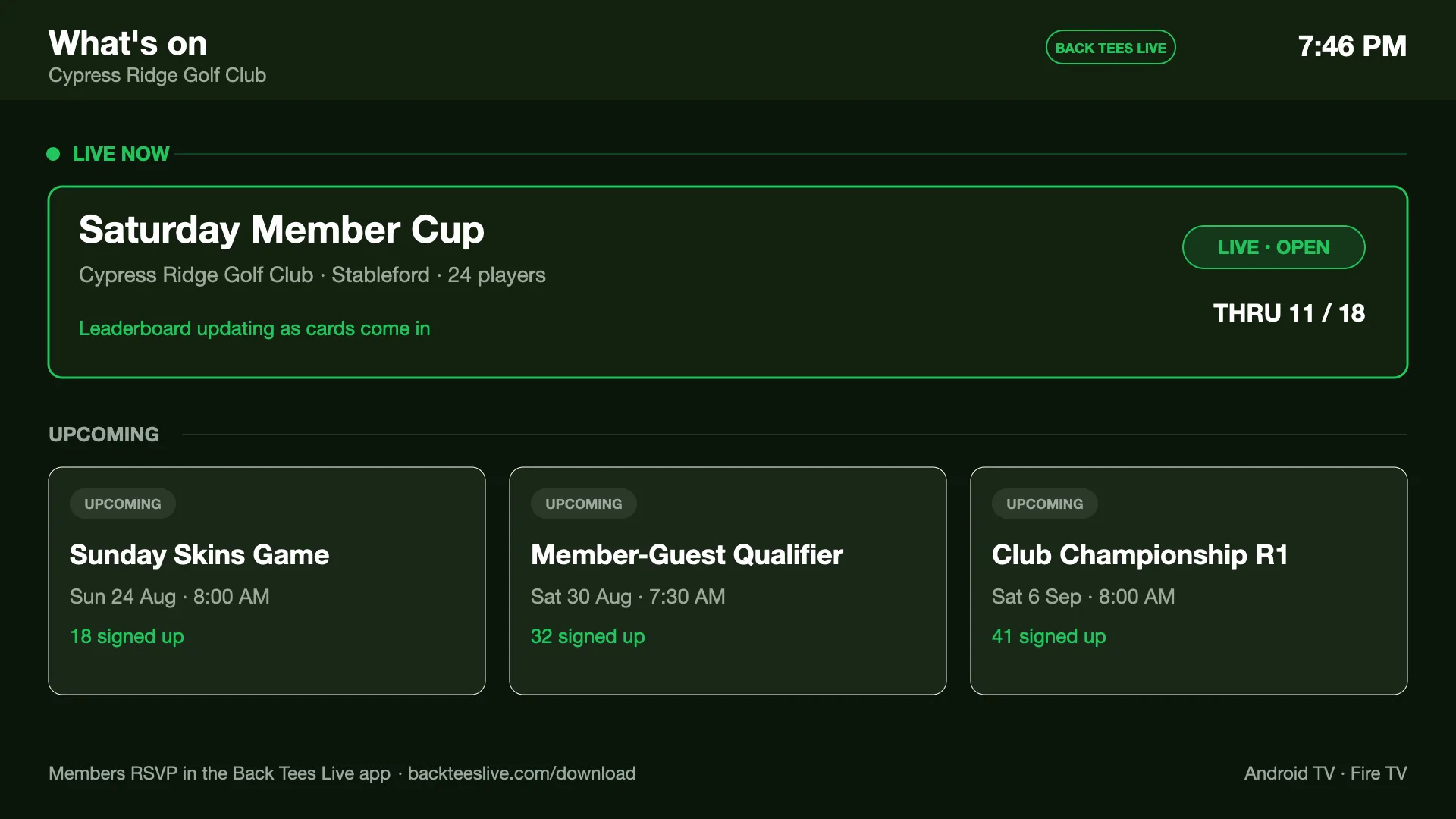 Clubhouse television showing a live event with its leaderboard running, and three upcoming club events below it with dates and the number of members signed up.